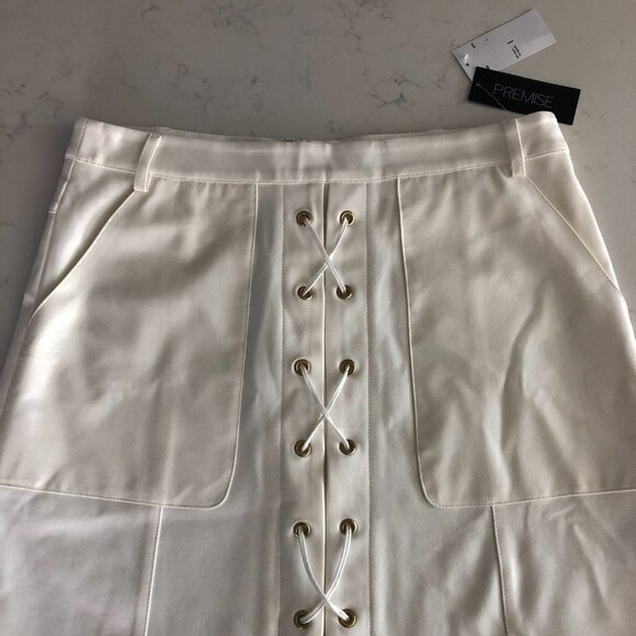 Premise Rayon/Nylon Blend Mini Skirt w Lace Up Design & Pockets Off White Sz 6 - Picture 4 of 10